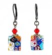 Earrings - E420 - Millefiore Rectangles and Swarovski (tm) Crystal Beads ~ Siam Red Top with Multi Flowers