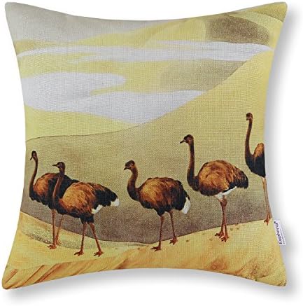 Euphoria Home Decorative Cushion Covers Pillows Shell Cotton Linen Blend Traditional Painting Print Ostriches Walking in Desert 18" X 18"