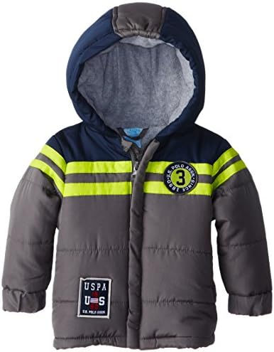 US Polo Association Baby Boys' Three Toned Puffer Jacket with Hood, Grey, 12 Months