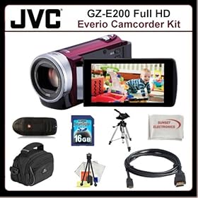 JVC GZ-E200 Full HD Everio Camcorder Kit Includes: JVC GZE200 Camcorder (Red), HDMI Cable , 16GB Memory Card, Memory Card Reader, Large Carrying Case, Medium Size Tripod, Table Top Tripod, LCD Screen Protectors, Cleaning Kit & SSE Microfiber Cleaning Cloth.