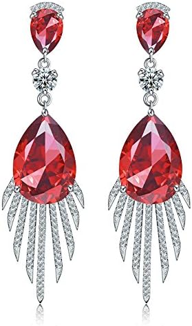 Precious Time Jewelry Peacock Feather Cubic Zirconia Long Dangle Earrings for Women Wedding Engagement (Red)