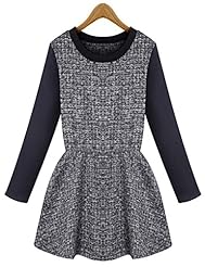 Checkered Print Polyester/Wool/Knit Round Neck Elasticized   Waistline Long Sleeves   Dress With Ruffles