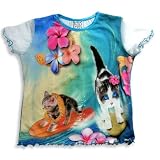 Mis Tee V-Us - Girls Short Sleeve Surfer Cat Top, Blue, Multi