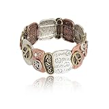 Peace Theme Tri Tone Metal Casting Stretch Bangle Bracelet Fashion Jewelry