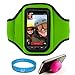 Green Moisture Resistant Protective Neoprene Workout Armband with Adjustable Velcro Strap for T-Mobile New MyTouch 4G Slide Android Smartphone + Pink Sucker Stand + SumacLife TM Wisdom*Courage Wristband