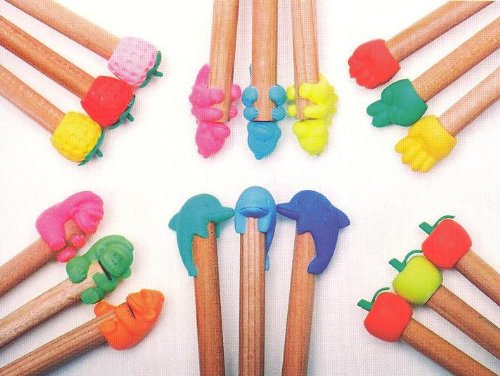 Pencil Top Erasers, Apples, Dolphins, Dinos, Strawberries, Hands & Monkies. 6 Pack.
