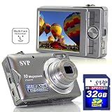 SVP Slim Xthinn-Z10 Silver 10MP 3x Optical Zoom 3 LCD ISO 1000 Digital Camera (SVP 32GB SDHC Memory Card)