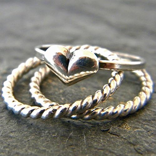 Sterling Silver Heart Ring, Silver Stacking Ring Set, Handmade Sterling Artisan Jewelry