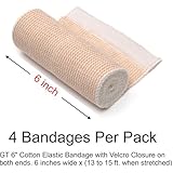 GT 6" Cotton Elastic Bandage with Velcro Closure on both ends, 6 inches wide x (13 to 15 ft. when stretched), 4 Pack