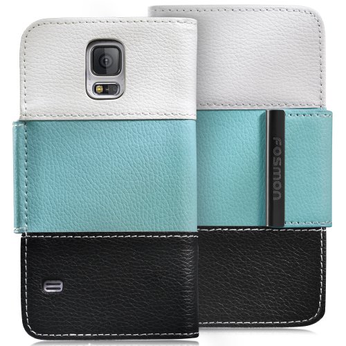 Fosmon CADDY-TRI Leather Wallet Flip Case for Samsung Galaxy S5 - Retail Packaging (White/Blue/Black)