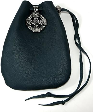 Green Leather Drawstring Pouch with Celtic Cross Pewter Accent and Bead