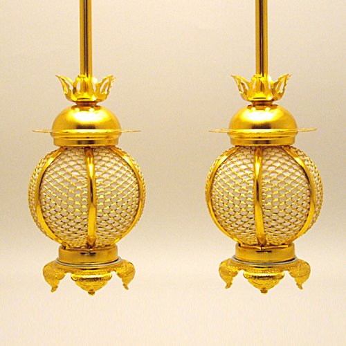 吊り灯篭 新丸型 金 小(一対)(本体高さ13cm×巾7cm)◆仏壇用の仏具・吊灯籠(とうろう)