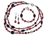 Sterling Silver Red Coral and Black Onyx Necklace, Bracelet, and Earring Set