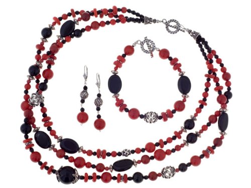 Childrens Toyshop  Jewelry : Sterling Silver Red Coral and Black Onyx Necklace, Bracelet, and Earring Set