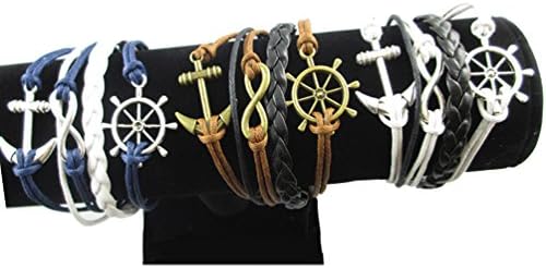 ETSYG 3pcs Vintage Infinite Bracelet Nautical Rudder Anchor Bangle Leather Braid