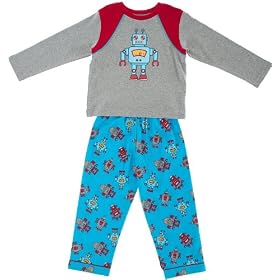 Mini ZZZ Retro Robot Knit Top/ Flannel Pant Pyjamas (Grey Marle/ Aqua, 18 - 24 Months)