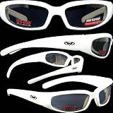 CHICAGO FOAM PADDED MOTORCYCLE SUNGLASSES UV400 GOGGLES BIKER EYEWEAR SMOKE LENSES WHITE FRAME