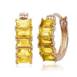 18k Yellow Gold Plated Sterling Silver Citrine 5x3mm and Diamond Hoop Earrings by