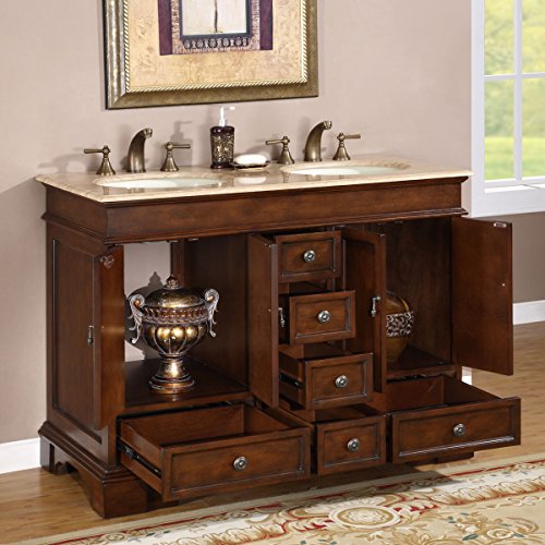 Silkroad Exclusive Compact Travertine Stone Top Double Small Sink Bathroom Vanity with