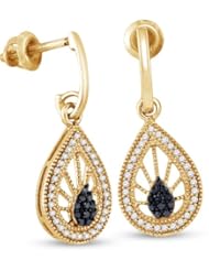 10K Yellow Gold Round Brilliant Cut Black and White Diamond - Pear Shape Halo Channel Set Dangle Earrings with Secure Screw Back Closure - (1/4 cttw.)