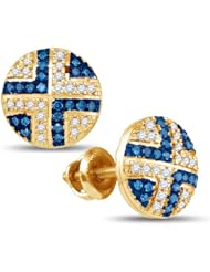 10K Yellow Gold Round Brilliant Cut Blue and White Diamond - Round Shape Prong Set Studs Earrings with Secure Screw Back Closure - (1/5 cttw.)