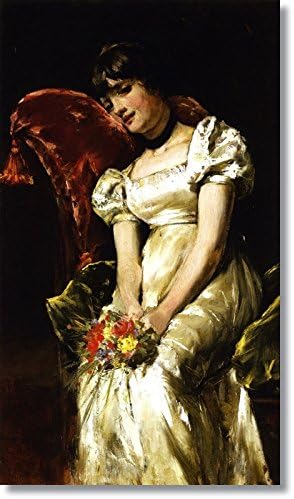 Yunart Young Girl with Flowers by William Merritt Chase Hand Made Reproduction on Canvas(14 inch * 24 inch ,Framed)