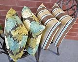 Set of 4 Outdoor Accent Decorative Throw Toss Pillow - Mocha Stripe / Chrysanth Bloom