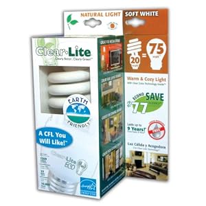 Clear-Lite 106544 ECO 20-Watt (75-Watt Equivalent) Natural Soft CFL Bulb, 1 Pack, White by 