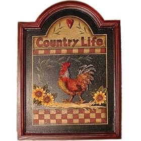 Wall Hanging Country Life Wooden Frame Sign Plaque With A Clucking Rooster And Flowers Sculptures On Front And Wall Hangers On Back 16"