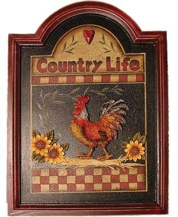 Wall Hanging Country Life Wooden Frame Sign Plaque With A Clucking Rooster And Flowers Sculptures On Front And Wall Hangers On Back 16"