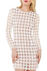 Stretchy Polyester Dots Print Long Sleeves Round Neck Bodycon Dress/Club Dress/Jumpsuit/Mini Dress 