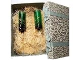 ArtisanStreet's Emerald Green Champagne Glasses. Set of Two Flutes in Hand Decorated Gift Box. Each Glass Hand Painted with Gold Accents. One of a Kind, Signed by Artisan.