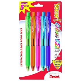 Pentel WOW! Colors Retractable Ball Point Pen, Medium Line, Assorted Ink, 5 Pack (BK440CRBP5M)