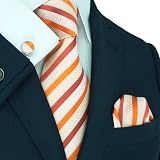 Landisun 95C Bright Orange Stripes Mens Silk Tie Set: Tie+Hanky+Cufflinks
