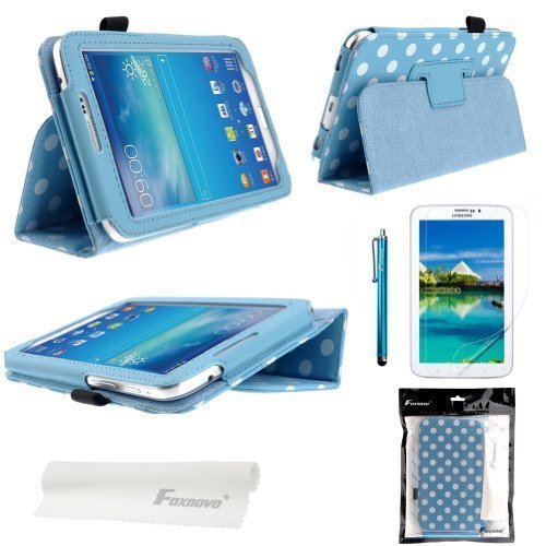FoxnovoÂ® Polka Dot Hot Flip PU Leather Case Cover for Samsung Galaxy Tab 3 7.0 P3200 / P3210 / T210 / T211 & Stylus Pen & Screen Guard & Cleaning Cloth (Sky-blue)