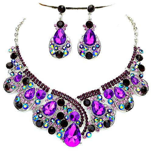 Purple Ab Rhinestone Crystal Statement Silver Chain Necklace Earrings Set Affordable Wedding Jewelry