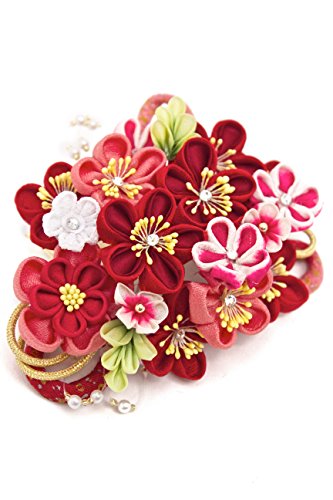 髪飾り つまみ細工 赤 桜 ビーズ パール ラインストーン コーム