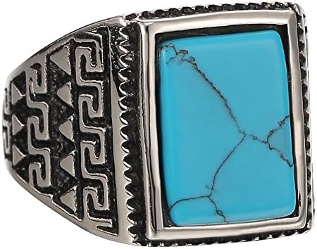 Men's Vintage Turquoise Biker Stainless Steel Ring Band Silver Blue£¬Greek Pattern