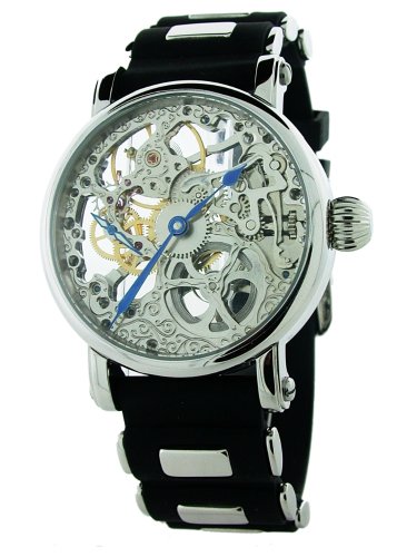 Rougois Hand Wind Silver Tone Skeleton Watch w/Blue Hands RG61