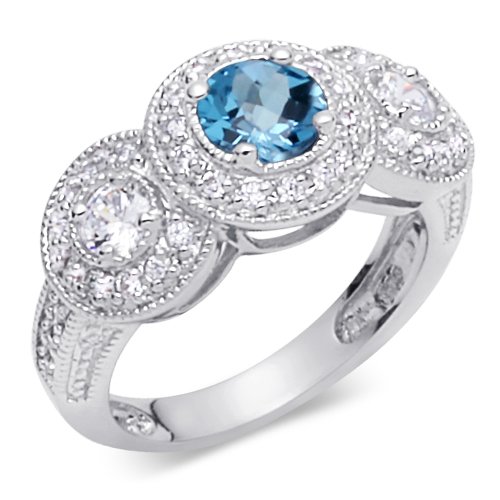 Bold & Beautiful 1.00 carat total weight Round Shape Checker Board London Blue Topaz & White CZ Size 8 Gemstone Ring in Sterling Silver