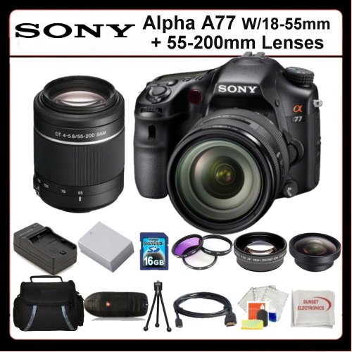 Sony Alpha A77 Kit Includes: Sony Alpha A77 Digital Camera with 18-55mm and 55-200mm Lenses, 2x Telephoto Lens, 0.45x Wide Angle Lens, 16GB SDHC Memory Card, Memory Card Reader, 3 Piece Filter Kit (UV-CPL-FLD), Extended Life Battery, Rapid Travel Charger, HDMI Cable, LCD Screen Protectors, Table Top Tripod SSE Microfiber Cleaning Cloth and Soft Carrying Case