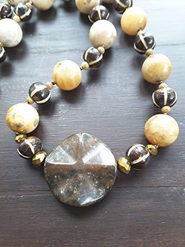 UNIQUE : ELEGANT FOSSIL CORAL 15 MM. AND 33 MM. PICTURE JASPER NECKLACE (FREE EARRING)