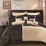 8 PC EXQUISITE BEIGE AND CHOCOLATE BROWN, FAUX SILK COMFORTER SET, OAKLAND  ....