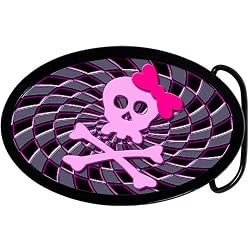 Oval Pink Bow Skull and Crossbones Belt Buckle