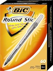 BIC Round Stic Ball Pen, Medium Point, 1.0 mm, Black, 60 Pens (GSM609-Blk)
