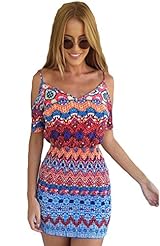 Sexy V-neck Above the Knee Polyester Geometric Print Off the Shoulder Short Sleeves Spaghetti Strap Bodycon Dress/Mini Dress 