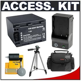 Deluxe Accessory Kit with Spare NP-FH100 Battery + Mini Charger + Carrying Case + Tripod + Cleaning Kit for Sony Handycam Compact Camcorders