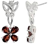 Sterling Silver Celtic Flower Fish Hook Dangle Earrings, w/ Pear Cut Natural Garnet Stone, 1" (26mm) tall