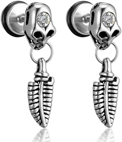 Janestore 2pcs Punk Rock Silver Stainless Steel Skull Stud Drop Dangle Leaf Earrings