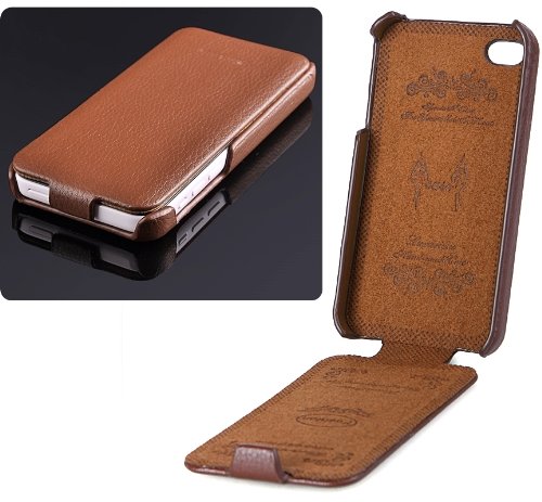 iPhone 5C Genuine Leather Super Slim Brown Flip Case Lite Cover inc 2 FREE Front Screen Protectors